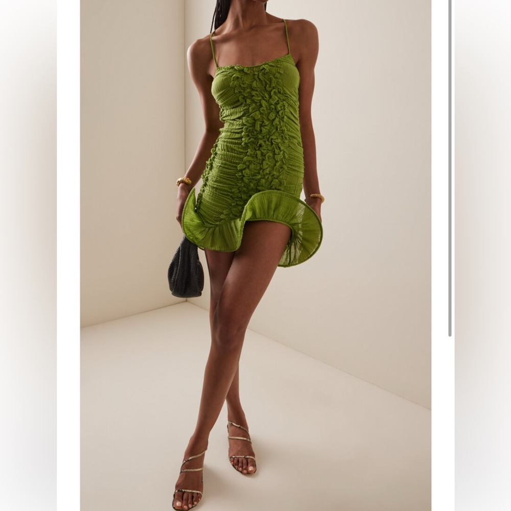 Green Ruched Mini Dress with Ruffle Hem